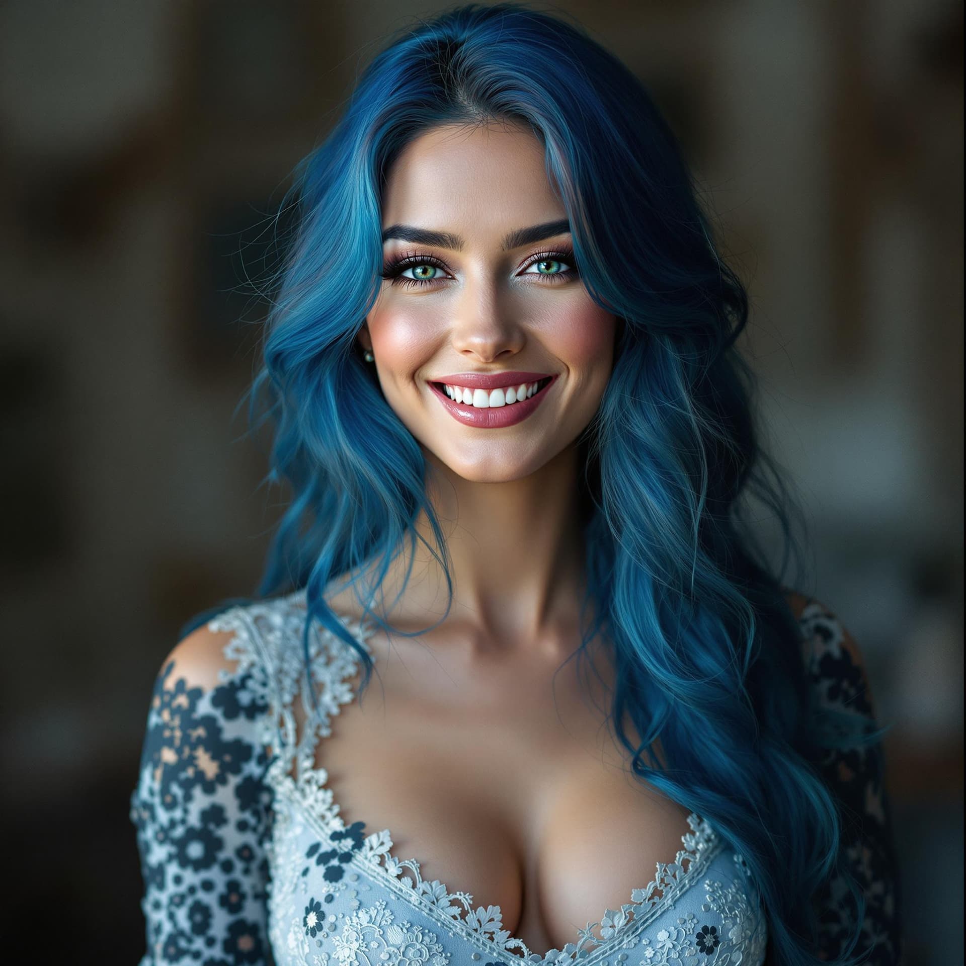 AI generated: professional portrait a stunning woman wearing blue hair with a smile, in the style of animated gifs...