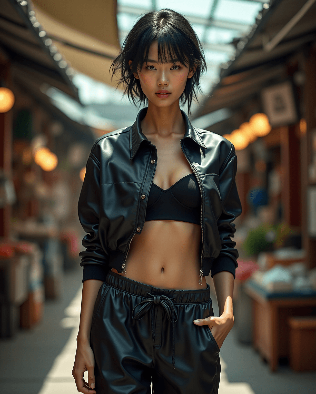 AI generated: High fashion photo of a slim, small breast, flat chest, abs, young asian female supermodel, with sho...