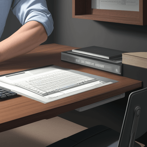 AI generated: High resolution desk with a laptop and a calculator, showing the worker's arms.