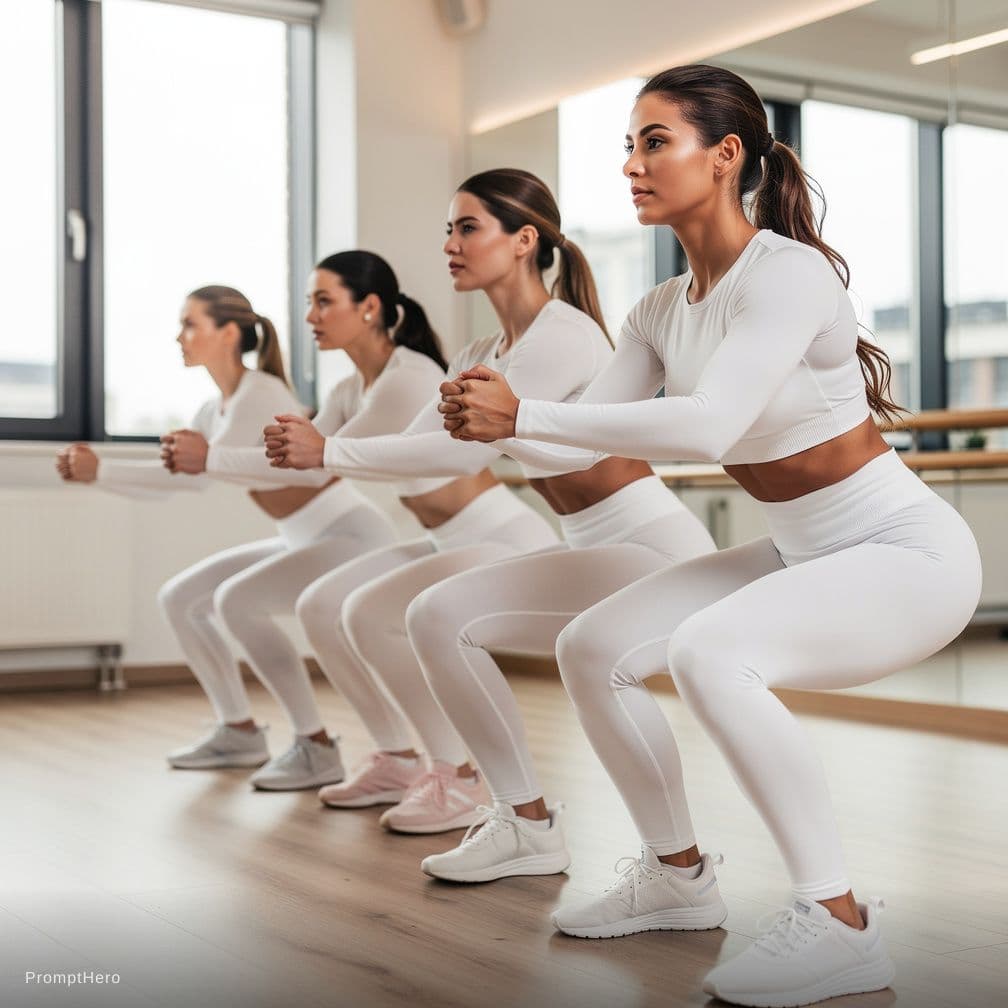 AI generated: “A group of young athletic women with toned, curvy figures, standing on their haunches in a deep squ...