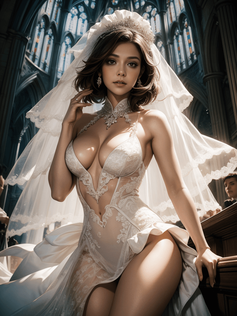 AI generated: （（best qulaity））,（masterpiece），A detailed white very erotic wedding dress，Leaky big breasts，Tight th...