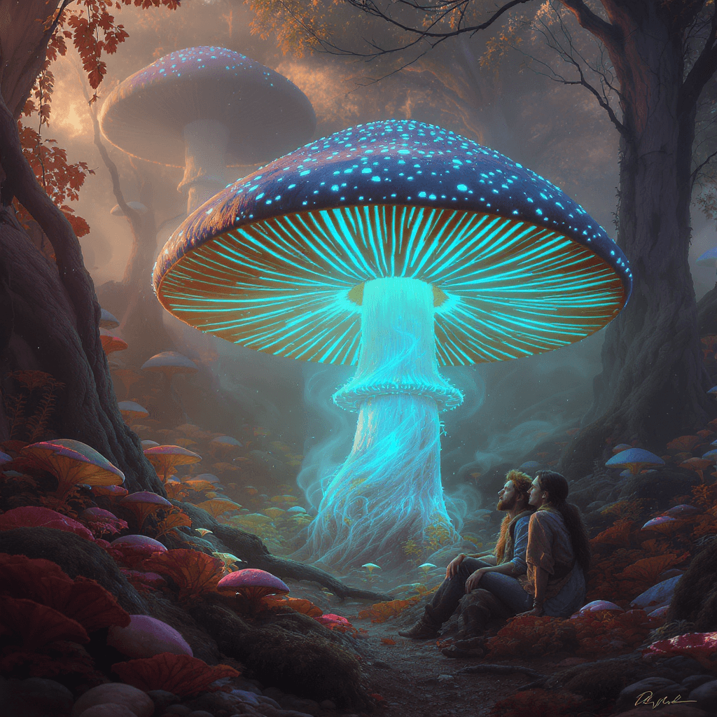 AI generated: Psychedelic, surreal. A mystical forest at dawn, soft golden light filtering through ancient giant m...