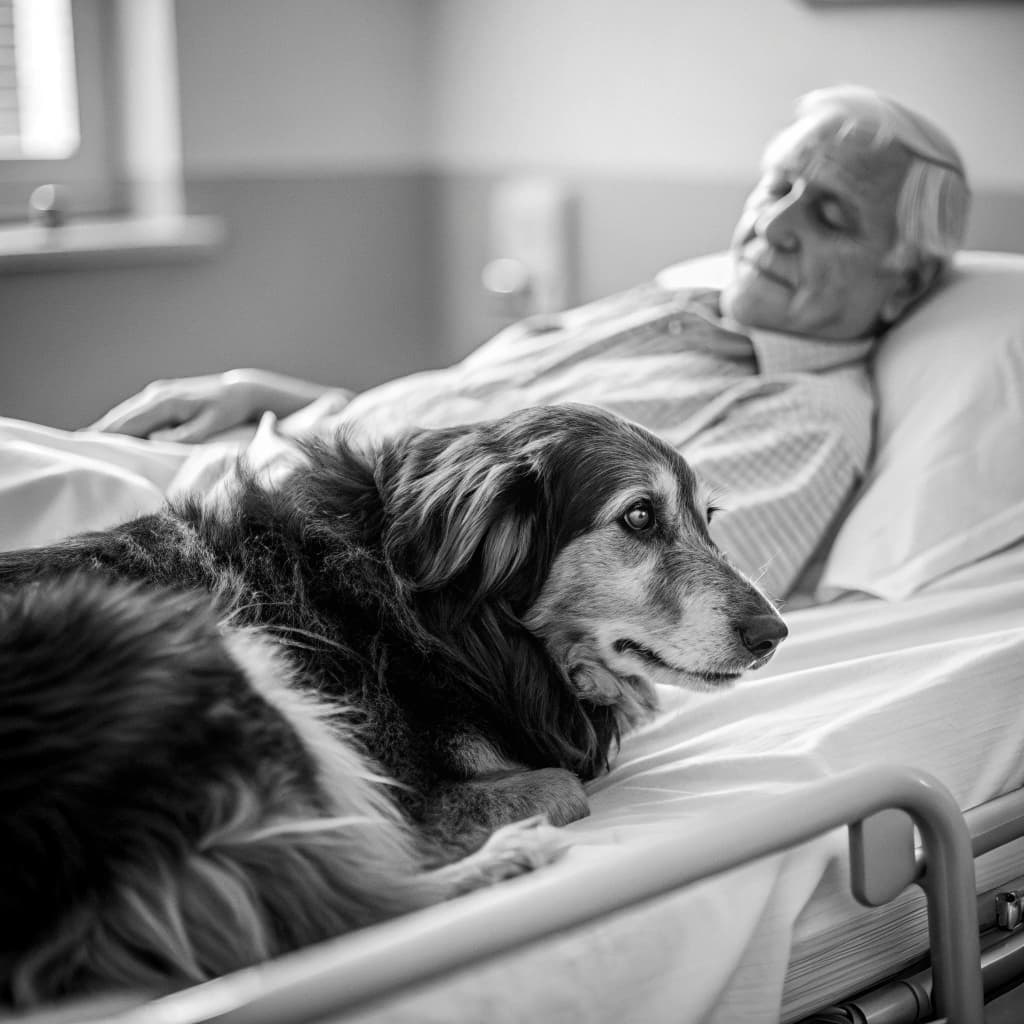 AI generated: A very old dog lies curled up on a hospital bed beside the waist of its aging male owner. Only the w...
