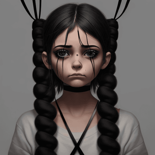 AI generated: Sad girl with black ropes in her eyes, black ropes coming out from her eyes
