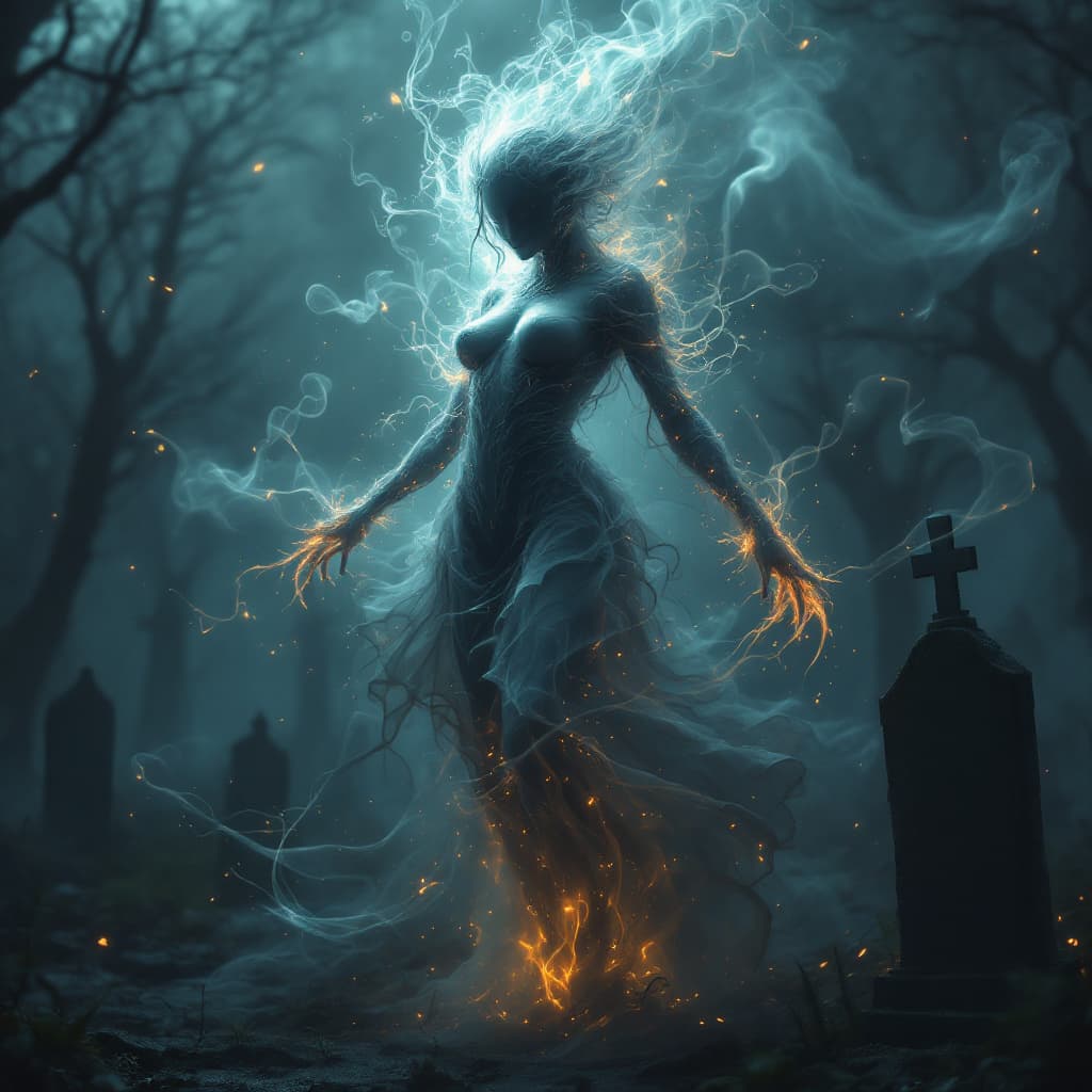 AI generated: Hyper-Conceptualized, gothic ultra-detailed photorealistic 3d render smoke swirling horror female de...