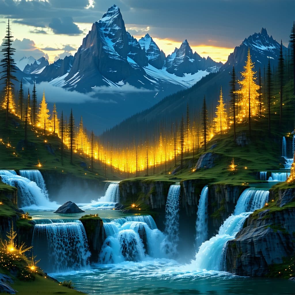 AI generated: A beautiful fantasy landscape with mountains, waterfalls, and glowing trees, golden hour lighting, h...