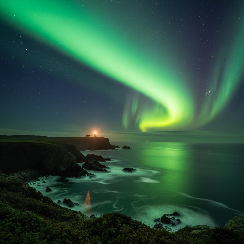 AI generated: A breathtaking coastal landscape at night with dramatic green aurora lights filling the sky. Waves c...