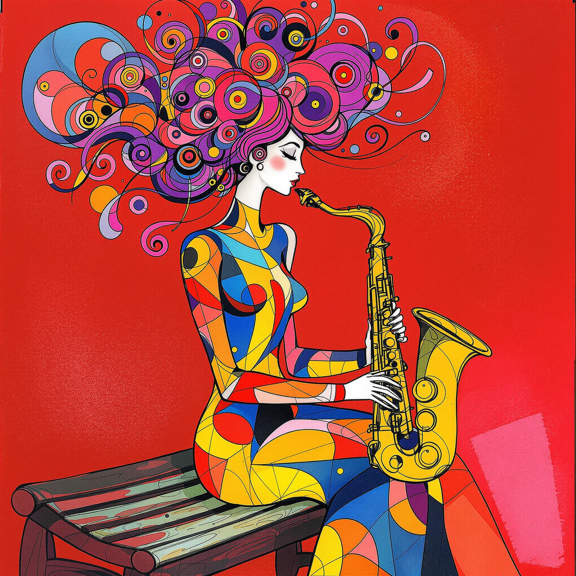 AI generated: abstract female Saxophone player sitting gracefully on a bench, vibrant red background, artistic ske...