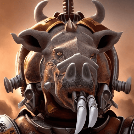 AI generated: A humanoid boar ultra realistic in a SPACE MARINE CAOS ARMOR, in a warhammer 40k terra city.