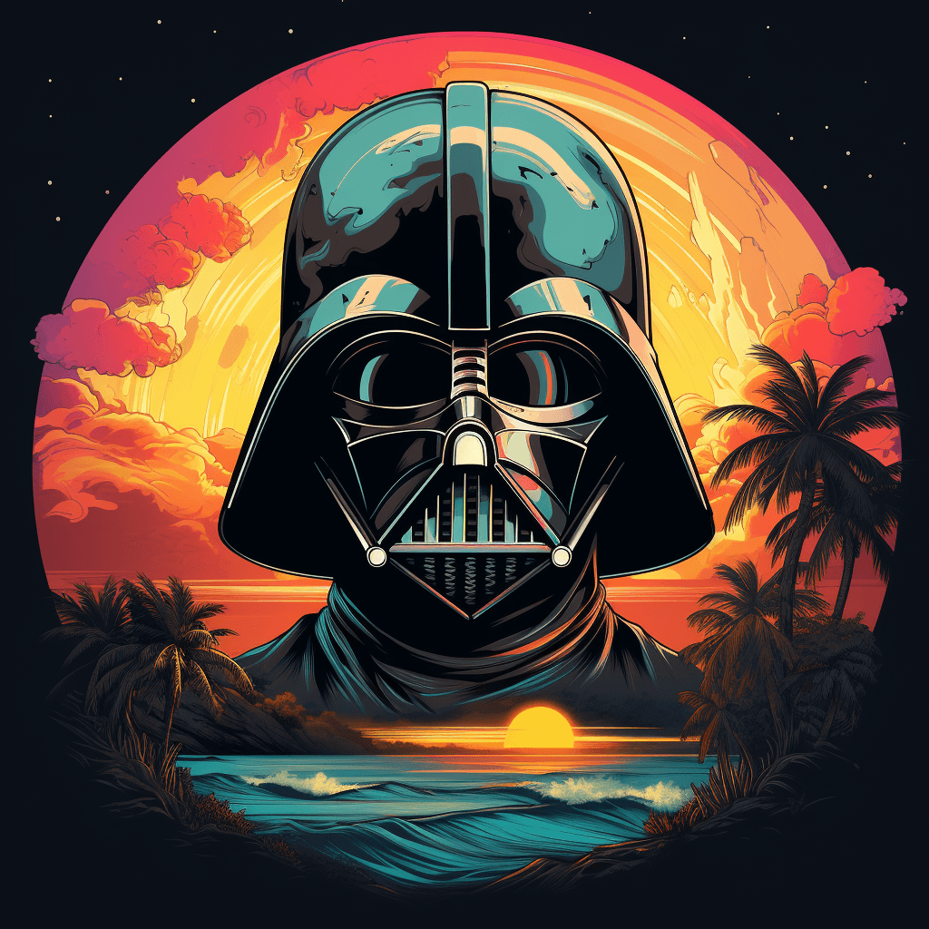 AI generated: tshirt logo design vector, darth vader synthwave, vivid colors, detailed 
