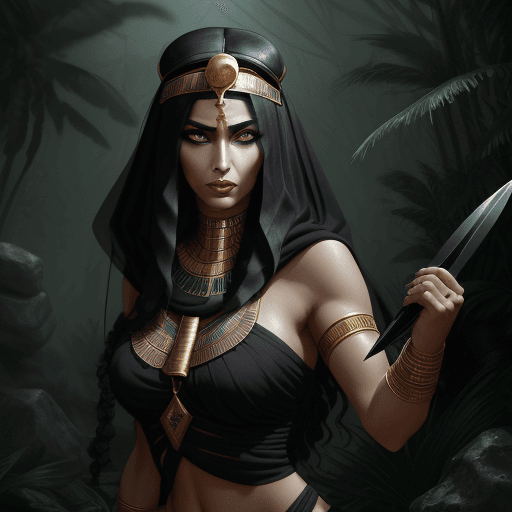 AI generated: 1 adult Egyptian woman, green eyes, black hair flaps, makeups , upper body, looking at viewer, detai...