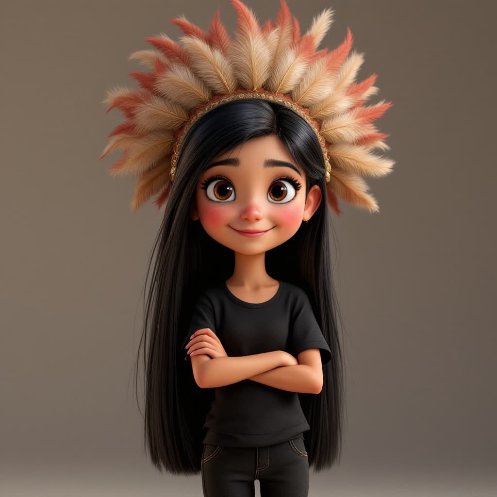 AI generated: A Pixar Disney 3D digital artwork of a charming and cute young girl with long straight black hair co...