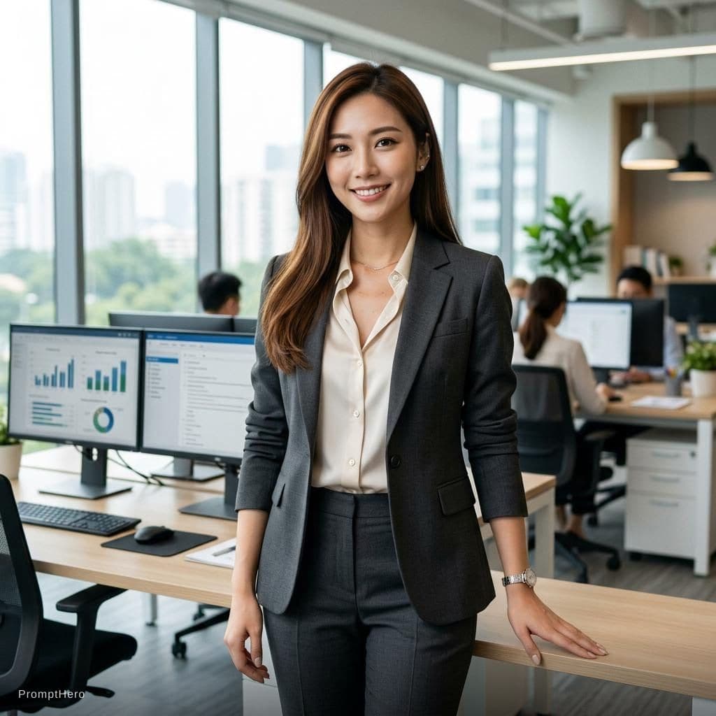 AI generated: A photorealistic masterpiece of an office lady with long, silky chestnut hair cascading over her sho...