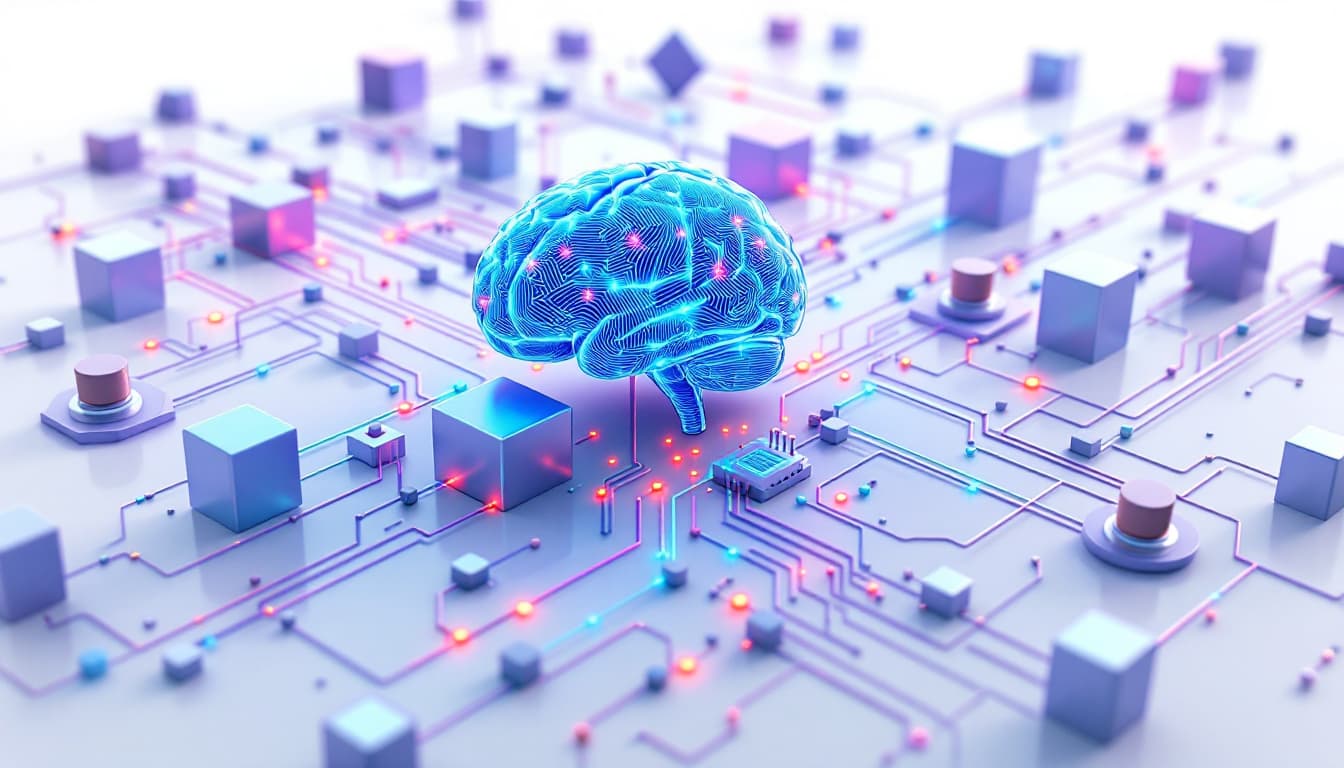 AI generated: make a 3D image illustrating a brain connected to computational circuits