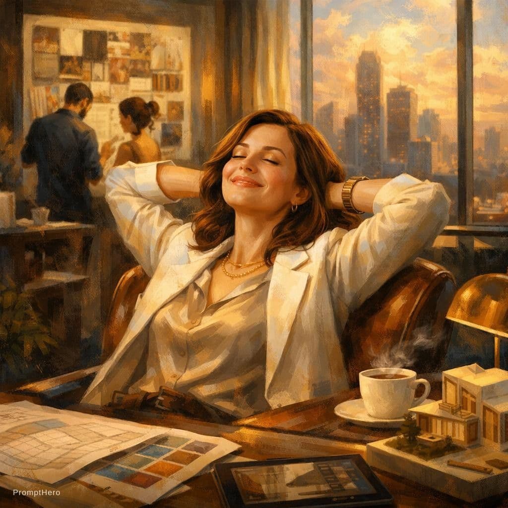 AI generated: A painting-like image of a satisfied client experiencing the benefits of a premium design service. c...