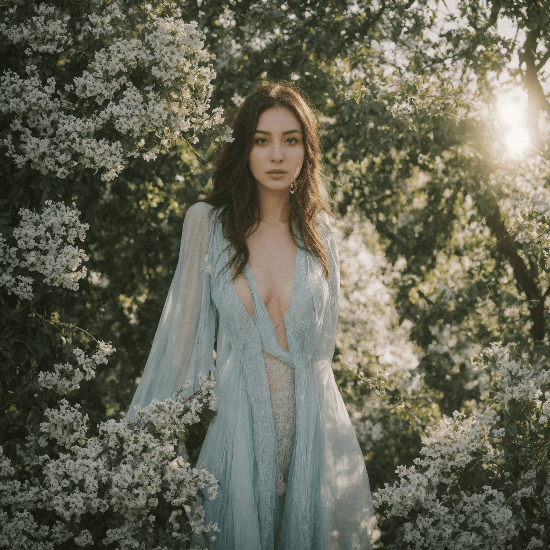 AI generated: God rays (volumetric:1.1) light. (she:1.1) is wearing (sheer:1.3) turquoise flowing robe green veget...