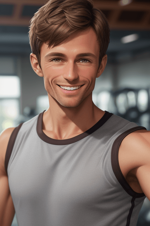 AI generated: Photo of toned, brown short-haired European man smiling confidently wearing sportswear in gym (Origi...