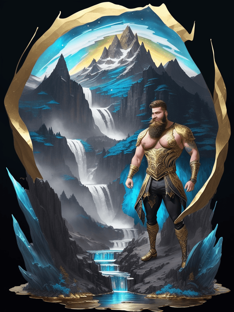 AI generated: "(alcohol ink: 1.2), (fantasy illustration: 1.3), (flat: 1.4), gold foil accents, mysterious masculi...