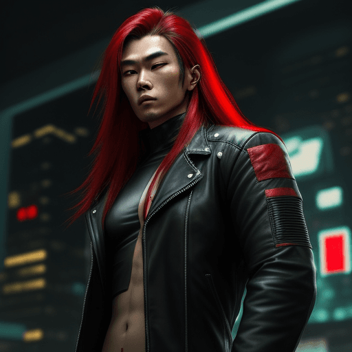 AI generated: Cyberpunk, red long hair asian male in a leather jacket
