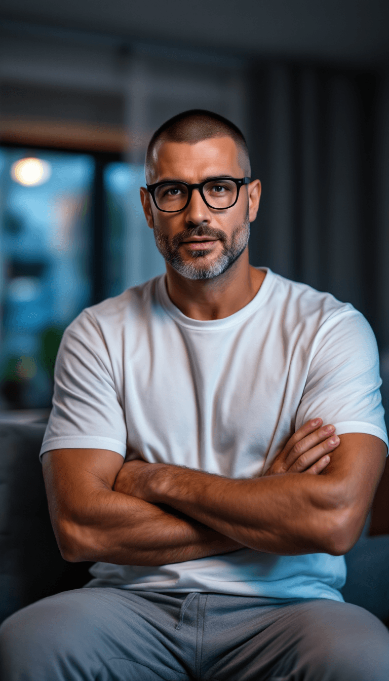 AI generated: Hyper-Realistic photo, 45 years old Caucasian man, buzz-cut hoary short hair and short trimmed shave...