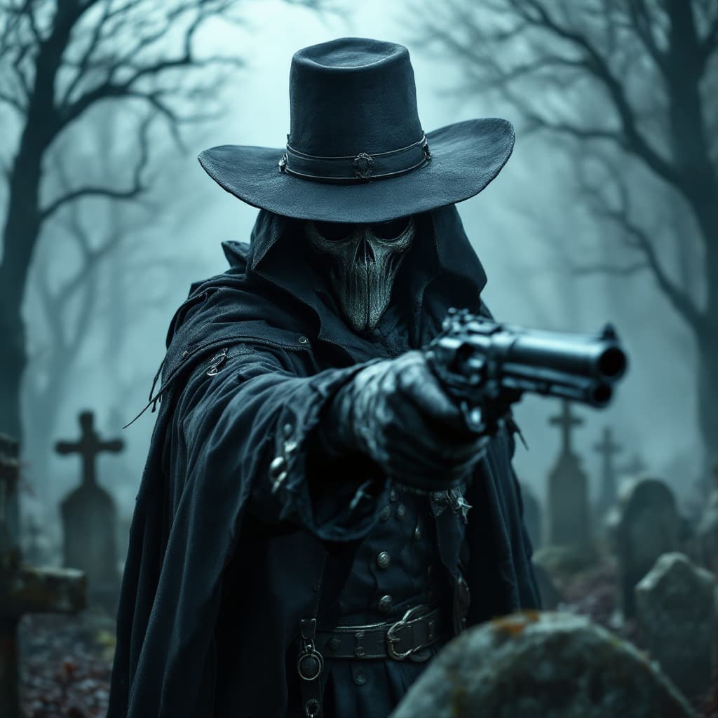 AI generated: 17th century Plague doctor, graveyard, fog, Hat, mask, leather, 6-shooter revolver, highly detailed,...