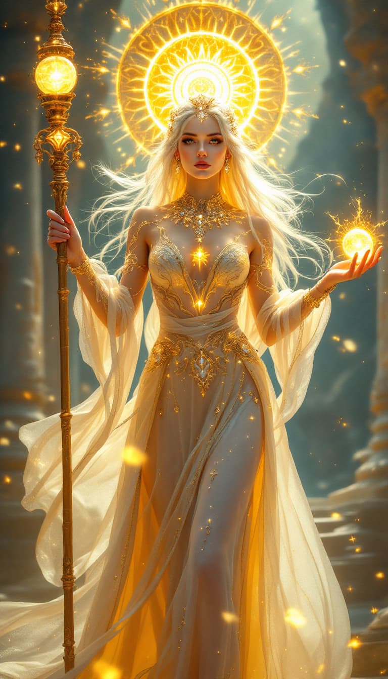 AI generated: An ultra-realistic, full-body action shot of a captivating golden sun priestess woman, radiating cel...