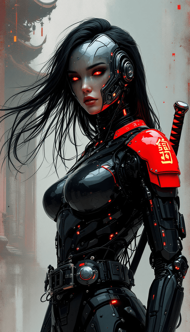 AI generated: in the style of ck-sfc, female cyberpunk robot samurai, robot face with mirrored face shield, hyperd...