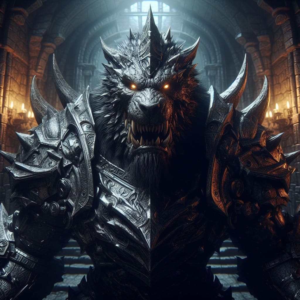 AI generated: In a dark, foreboding dungeon, Ironmaw, a fearsome, armored beast, guards the ancient treasures with...