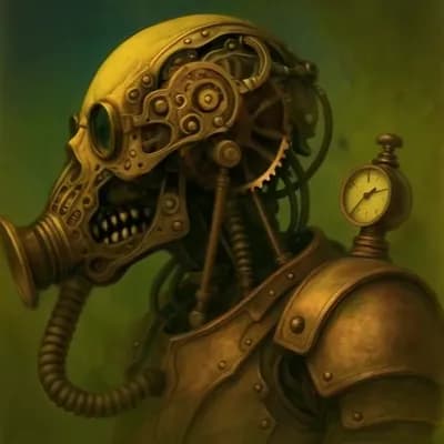 AI generated video: la imagen mira a la camara, los engranges y mecanismos de la cabeza se mueven, el barometro que esta...