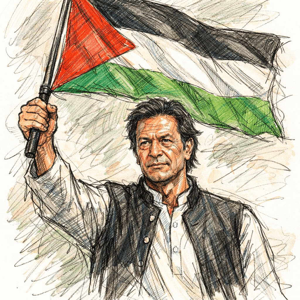 AI generated: make imran khan with palestine flag with color sketch