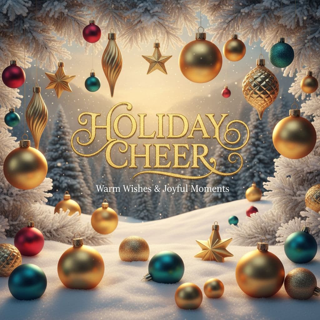 AI generated: Festive snowy background with golden ornaments, headline text in Great Vibes script, accented with s...