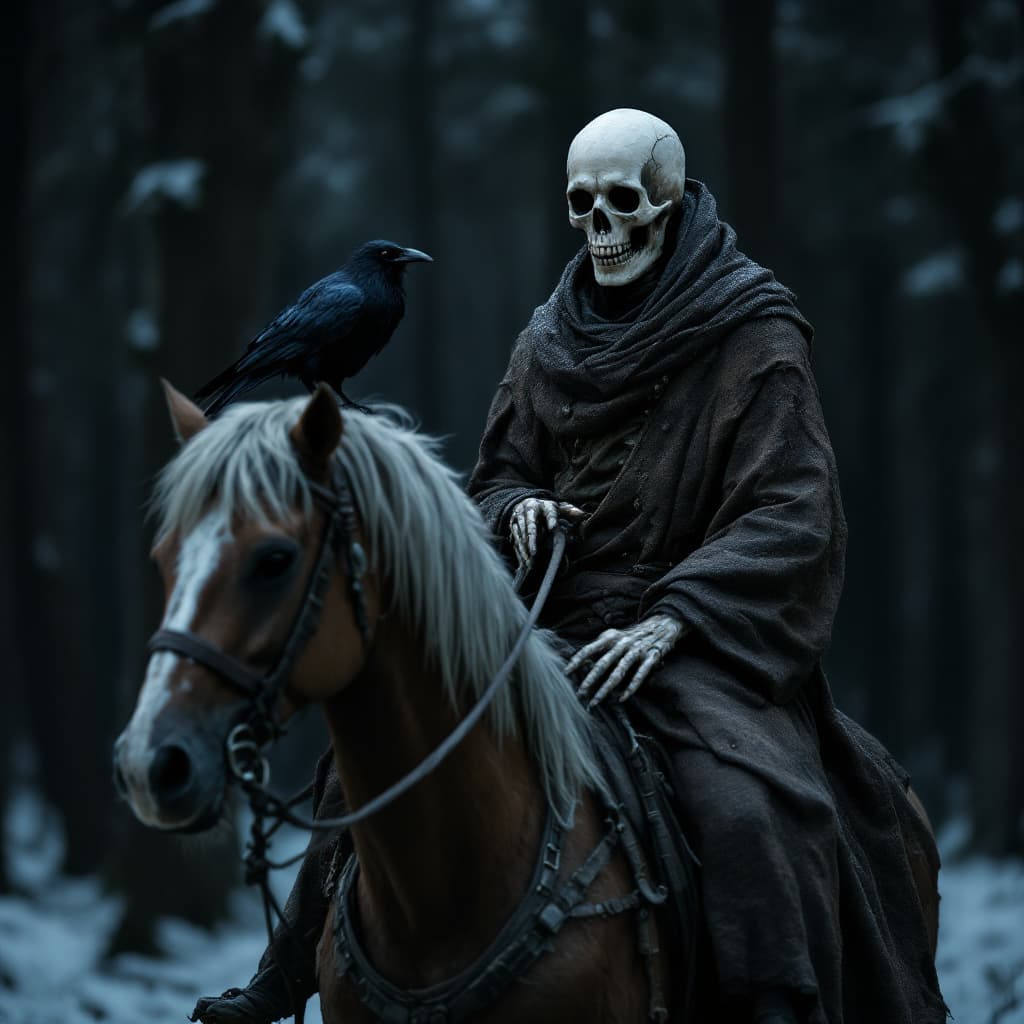 AI generated: A skeletal figure in tattered robes sits atop an aged, upright horse, its bony head held high as it ...