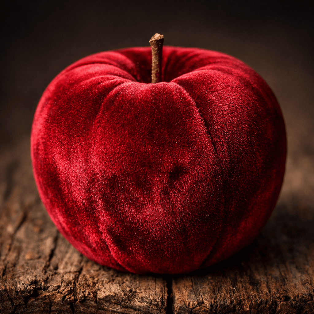 AI generated: Extreme close-up of a single red apple resting on a rustic piece of weathered wood, the entire apple...