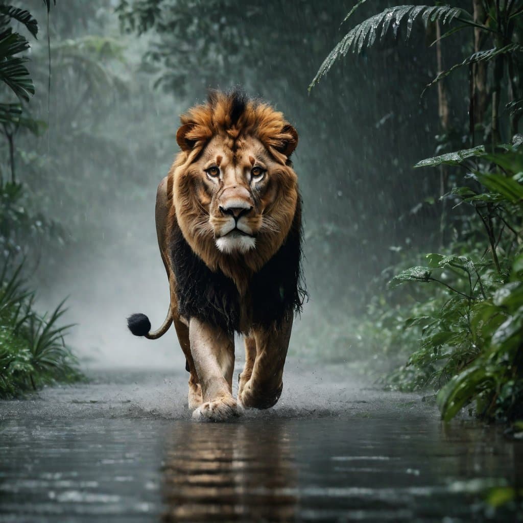 AI generated: A beautiful photo of an lion that got lost in the amazon rainforest, rain, mist, 8k, sharp intricate...