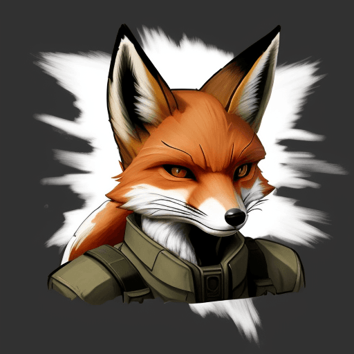 AI generated: Photo of a cartoon fox, logo, in the style of metal gear. 