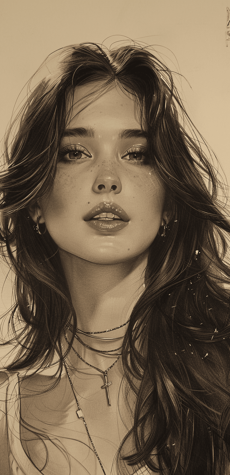 AI generated: a brown pencil drawing of a girl with long hair, in the style of hyper-realistic sci-fi, realistic h...