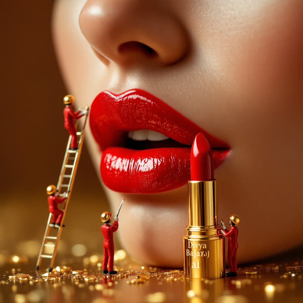 AI generated: A hyper-realistic side shot of a model’s glossy red lips, perfectly smooth and bold. Miniature worke...