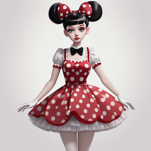 AI generated: Minnie mouse imagined as human girl, a beautiful girl, red frock with white polka dots, black hair, ...