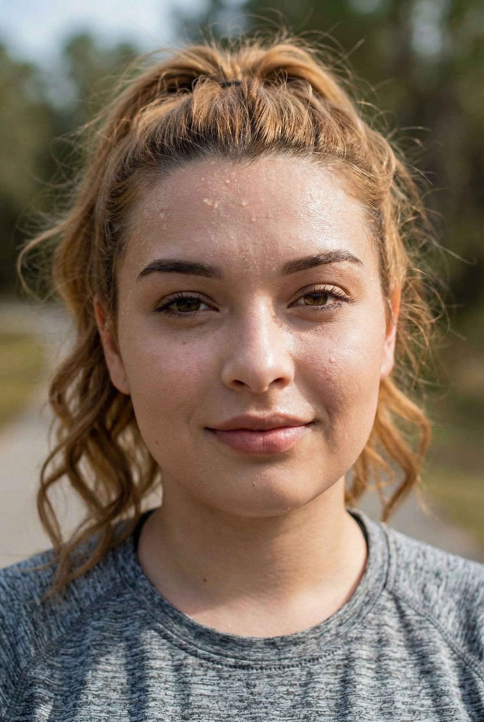 AI generated: A close up portrait of a young beautiful woman. she has a chestnut-blonde hair styled in a messy pon...