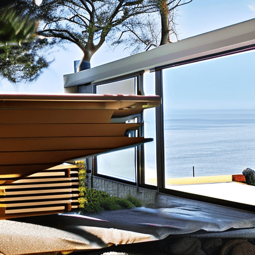 AI generated: Hyper realistic eye level exterior photo of a mid century modern style house overlooking the ocean, ...