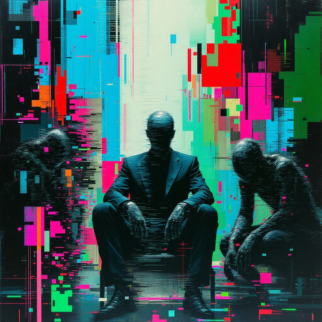 AI generated: A surreal, abstract artwork with a heavy emphasis on glitch aesthetics. Three distorted figures domi...