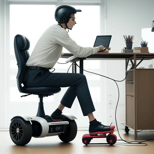 AI generated: realistic photo of an office work with an electric trottinette plugged in