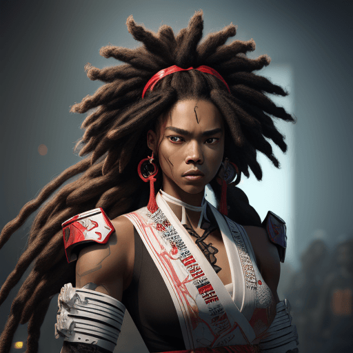 AI generated: Portrait of Afro Jack Samurai as a masculine presenting woman with shoulder length dreadlocks, make ...