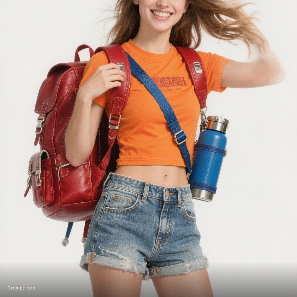 AI generated: Young woman wearing a bright orange crop top that tightly hugs the chest, paired with short, frayed ...