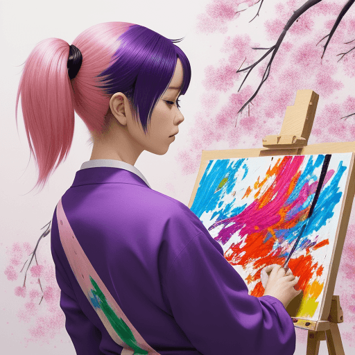 AI generated: A vibrant painter creating an abstract masterpiece, with colorful hair, Longshot, in the style of Ka...