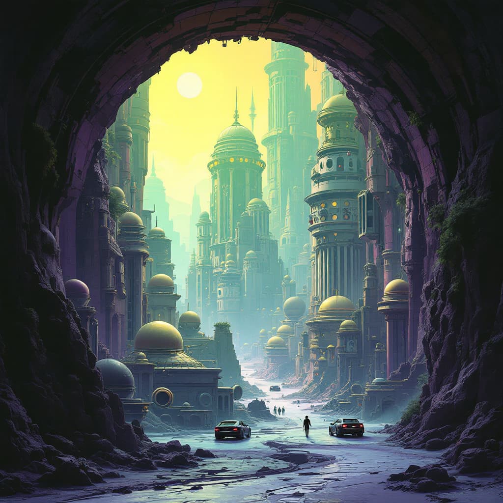 AI generated: Envision a city of the future, where futuristic retro sci-fi style buildings in shades of burnt sien...