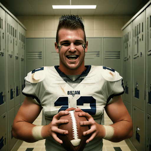 AI generated: caucasian american football player, brown mohawk, rugged face, standing under a locker room shower g...