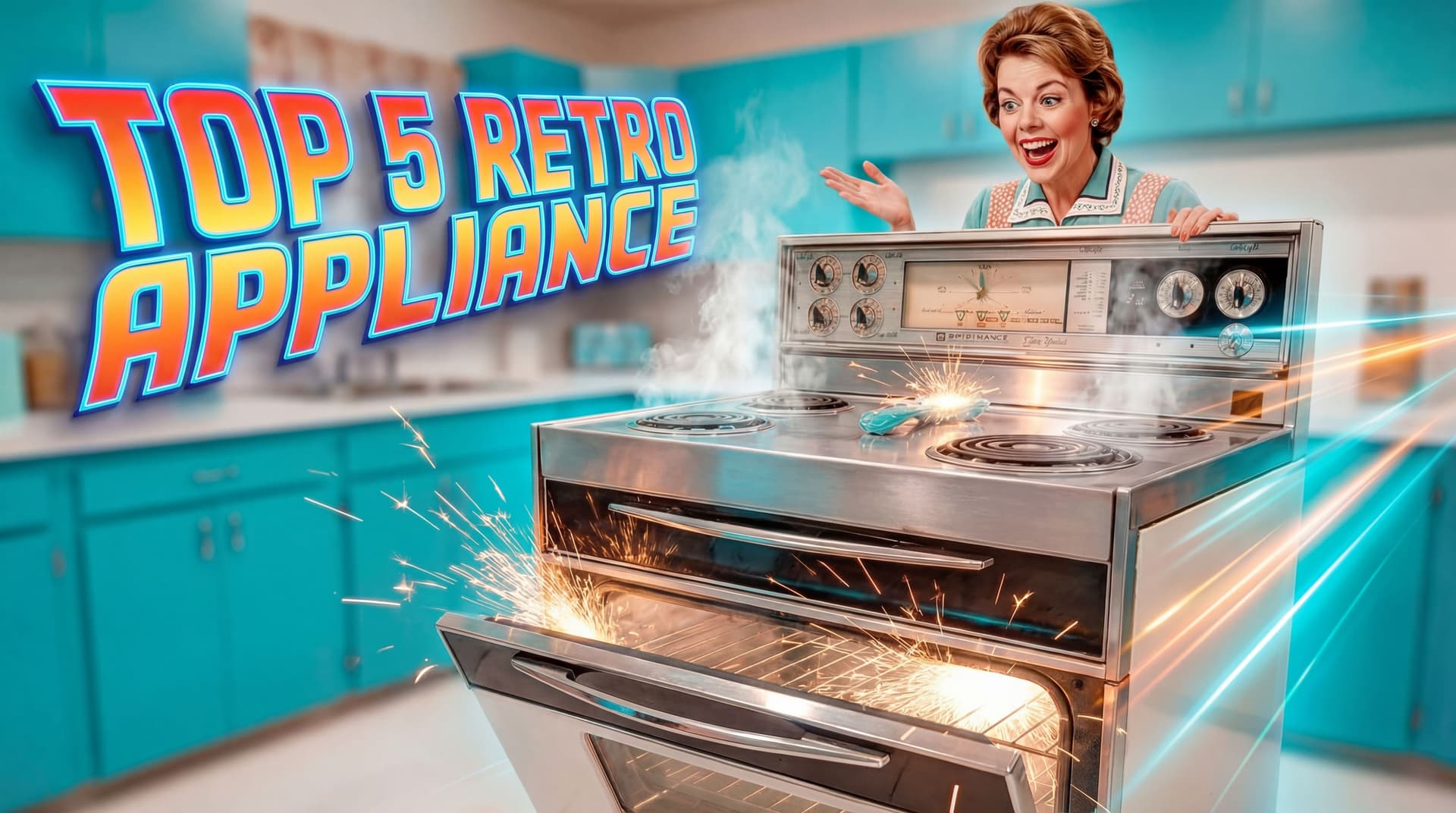 AI generated: Instead of back to the future text remove it. and put instead TOP 5 retro appliance, preserve the st...