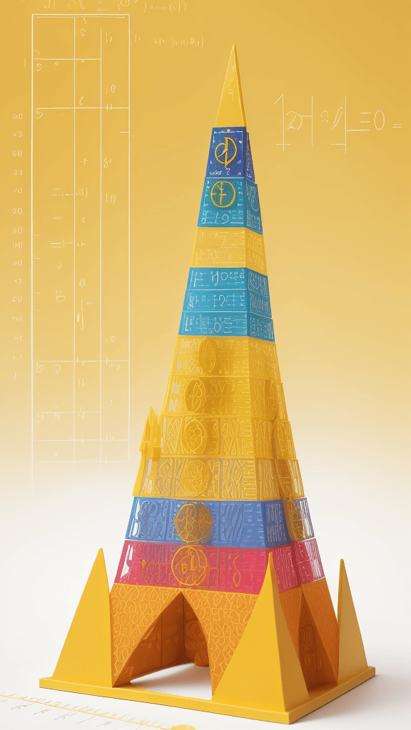 AI generated: Craft a vibrant representation of The Tower of Math in golden yellow. Incorporate numbers and equati...
