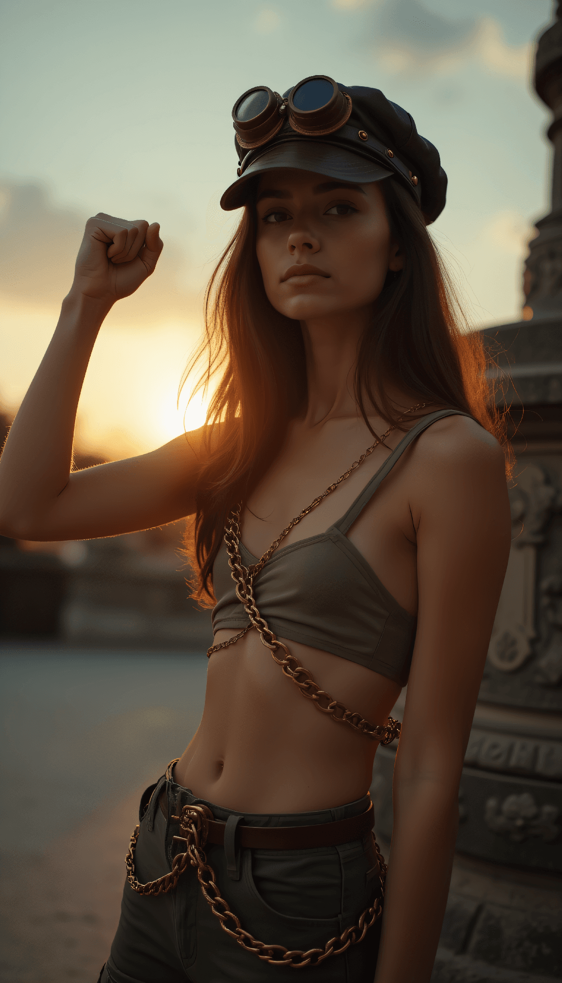 AI generated: Slender female mid-twenties wearing brass chain wrapped chest piece, ultra-short steampunk cargo pan...